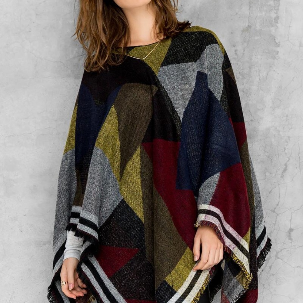 Francesca's Color Block Poncho Black Gray Blue